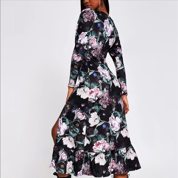 NWT RIVER ISLAND mutton sleeve floral midi dress in black - Picture 11 of 11
